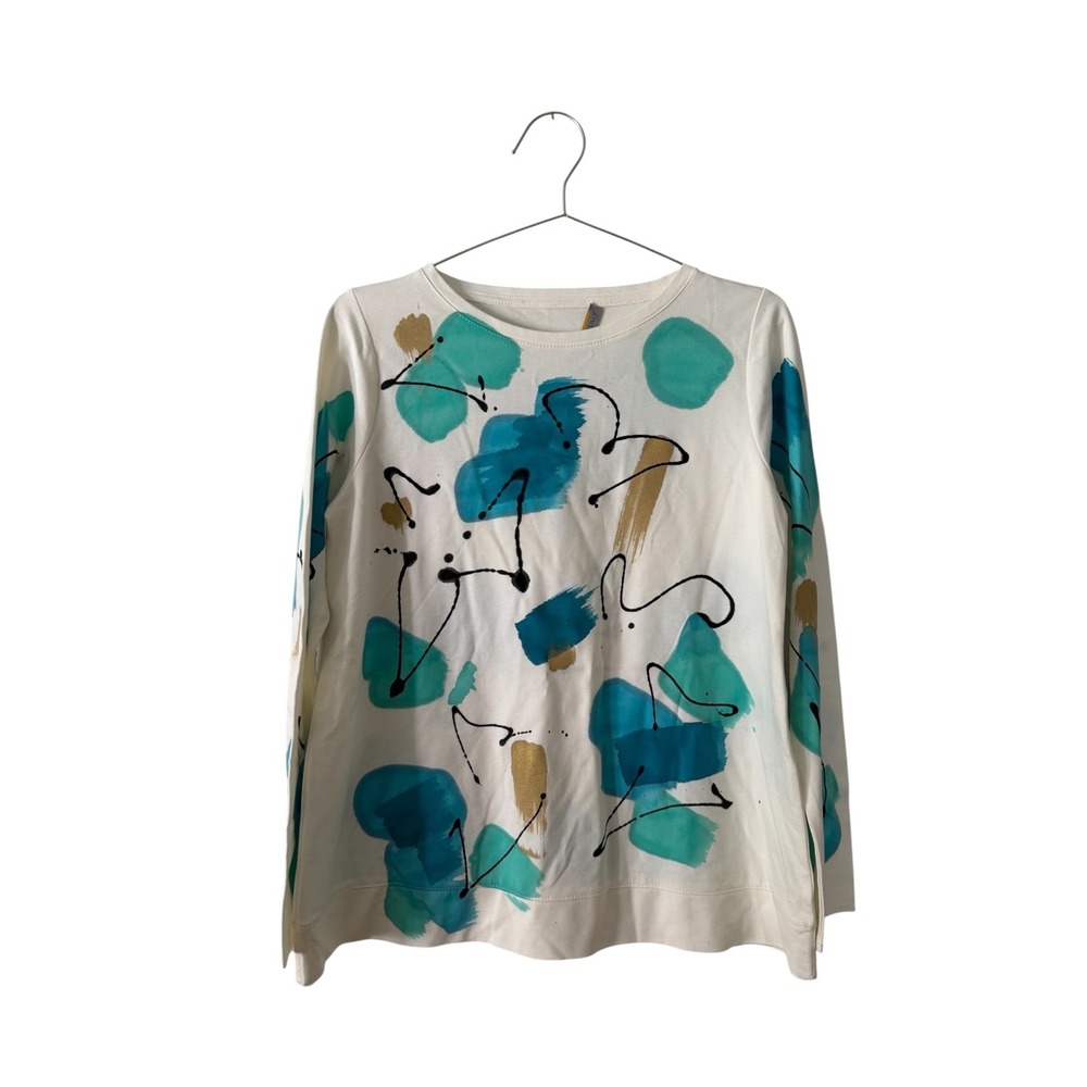 Melarosa Italy Handpainted Abstract‎ Teal Gold White Long Sleeve Top S NEW